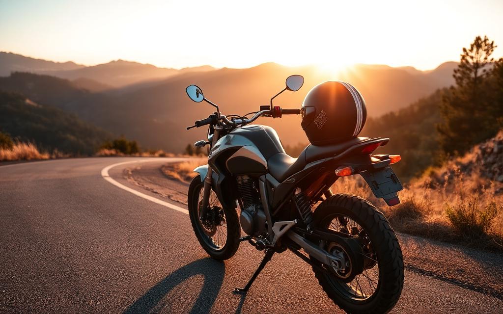Motorno kolo s čelado ob gorski cesti – zavarovanje motorja v Sloveniji