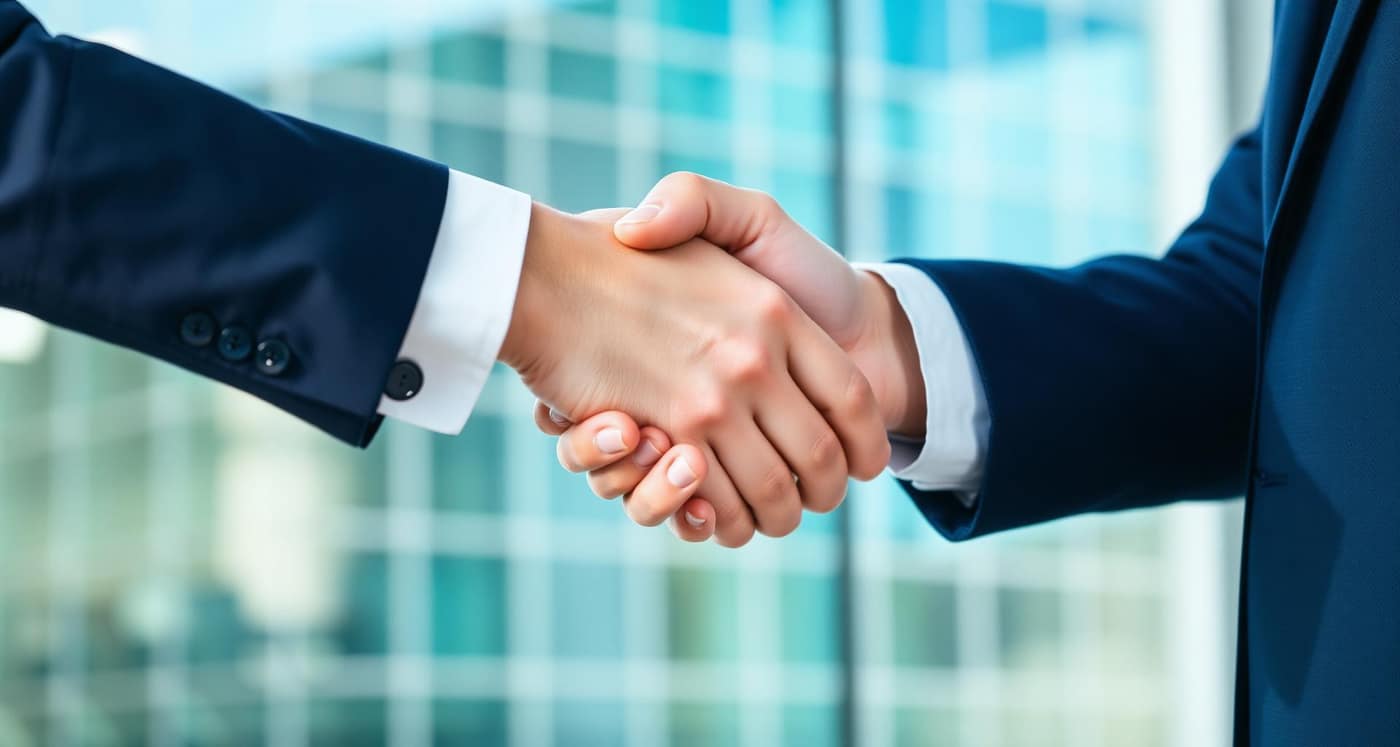 Rokovanje poslovnih partnerjev pred sodobno pisarniško zgradbo