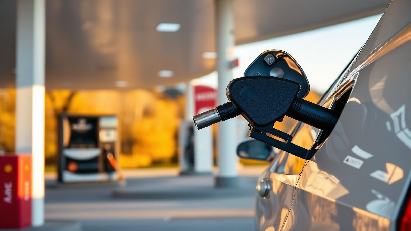 Točilna pištola v rezervoarju avtomobila na slovenski bencinski črpalki v septembrskem popoldanskem soncu – nagradna igra Trendmart 100 litrov goriva, september 2025